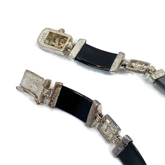 Black Onyx Bracelet, Sterling Bracelet, Asian Characters, Oriental Style,Vintage